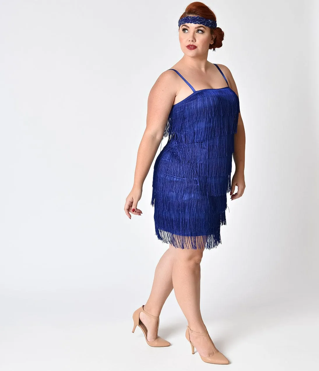 Unique Vintage Plus Size 1920s Style Royal Blue Speakeasy Tiered Fringe Flapper Dress sold by Unique Vintage