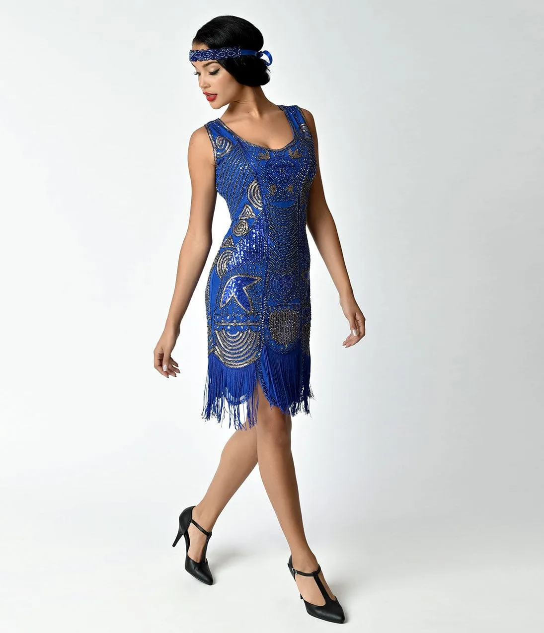 Unique Vintage 1920s Deco Royal Blue Beaded Fringe Camille Flapper Dress sold by Unique Vintage