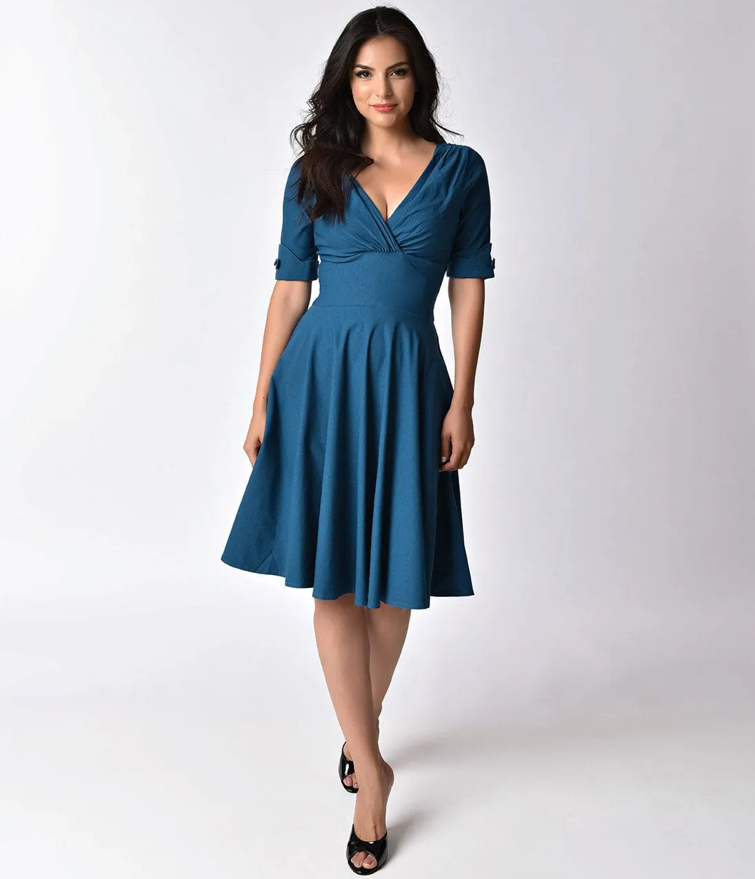 Unique Vintage 1950s Teal Delores Swing Dress with Sleeves sold by Unique Vintage product image thumbnail 4