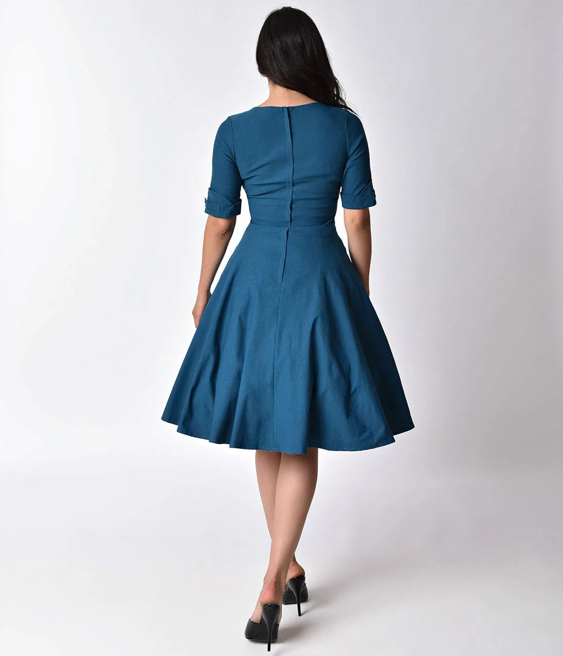 Unique Vintage 1950s Teal Delores Swing Dress with Sleeves sold by Unique Vintage product image thumbnail 5