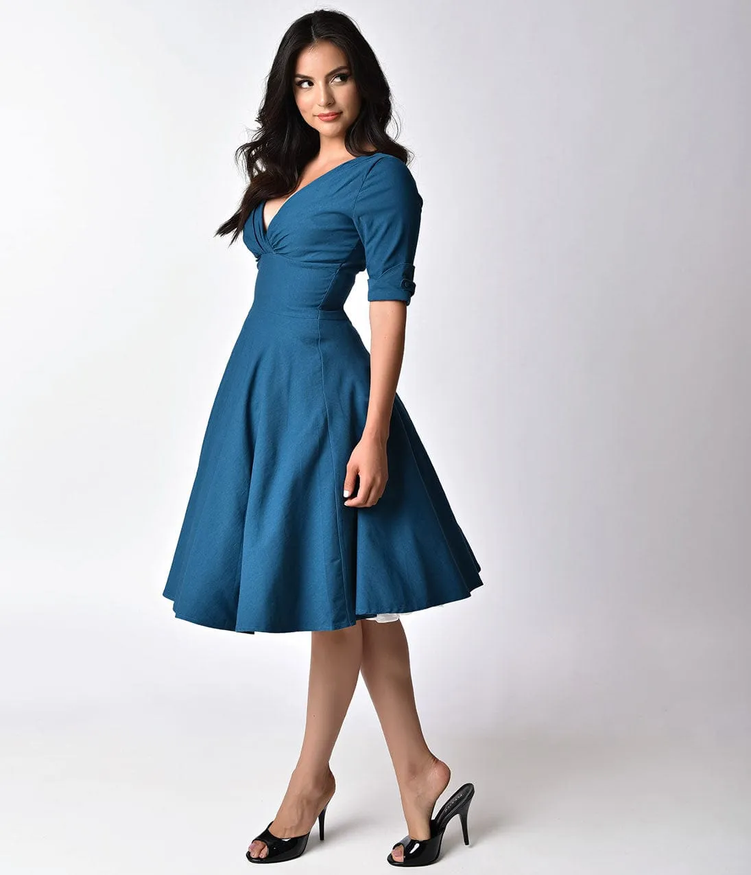 Unique Vintage 1950s Teal Delores Swing Dress with Sleeves sold by Unique Vintage product image thumbnail 2