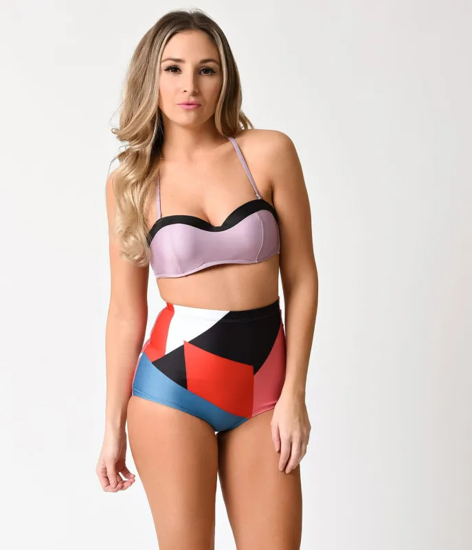1980s Style Lavender Purple & Multicolor Geometric Two Piece Swimsuit sold by Unique Vintage