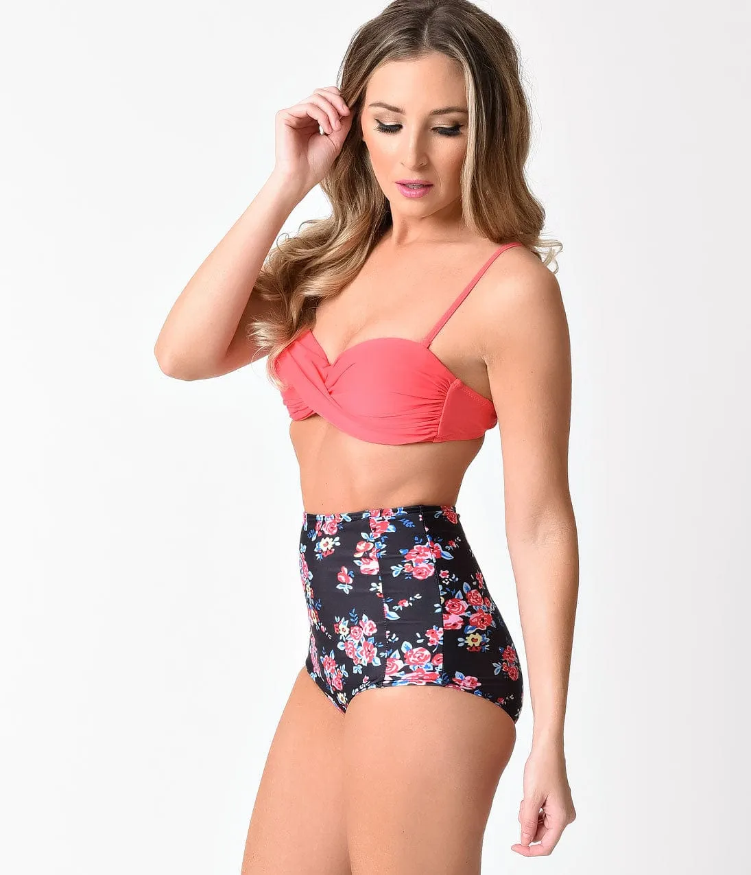 Retro Style Pink & Black Floral High Waist Two Piece Swimsuit sold by Unique Vintage product image thumbnail 3