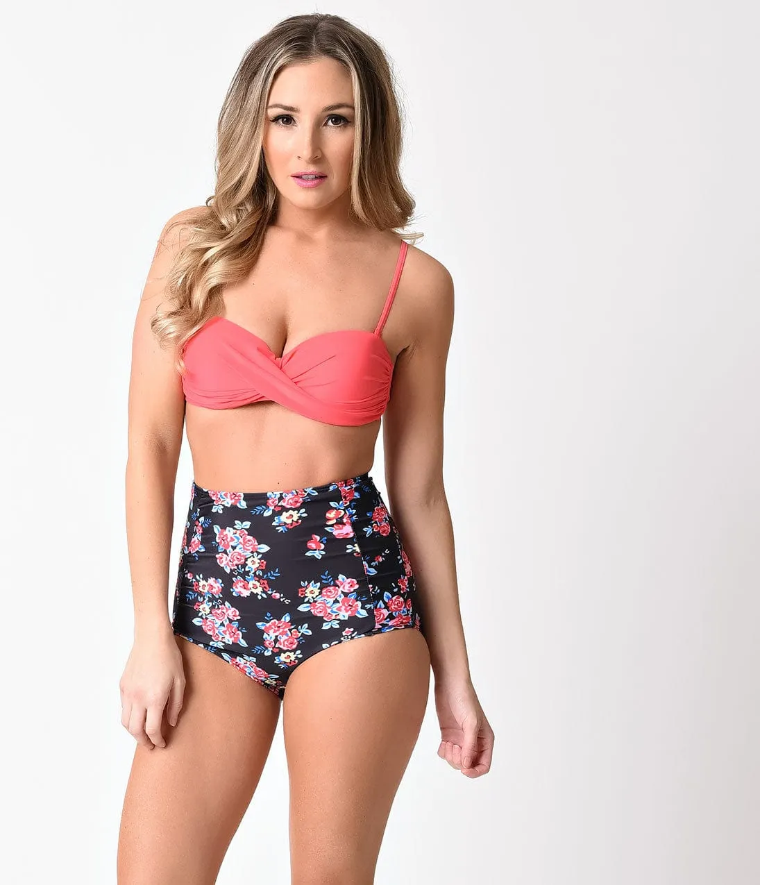 Retro Style Pink & Black Floral High Waist Two Piece Swimsuit sold by Unique Vintage