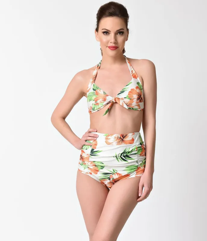 Vintage Style Ivory & Orange Tropical Print Two Piece Halter Swimsuit sold by Unique Vintage