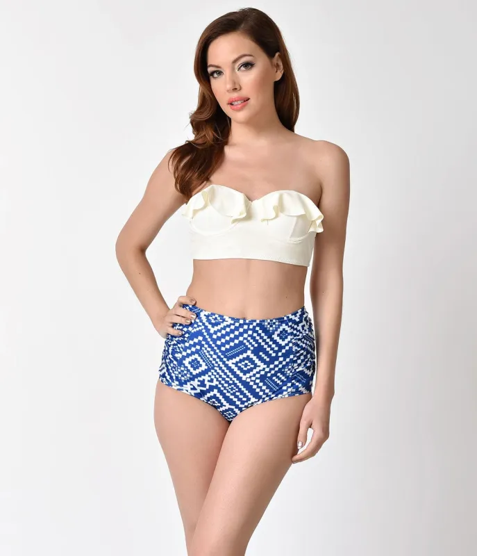 Retro Style Ivory Ruffle Blue & White Pixel Folk Art Mid-Rise Two Piece Swimsuit sold by Unique Vintage