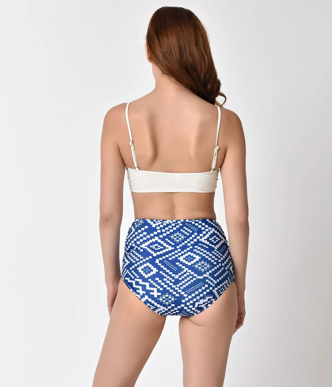 Retro Style Ivory Ruffle Blue & White Pixel Folk Art Mid-Rise Two Piece Swimsuit sold by Unique Vintage product image thumbnail 2