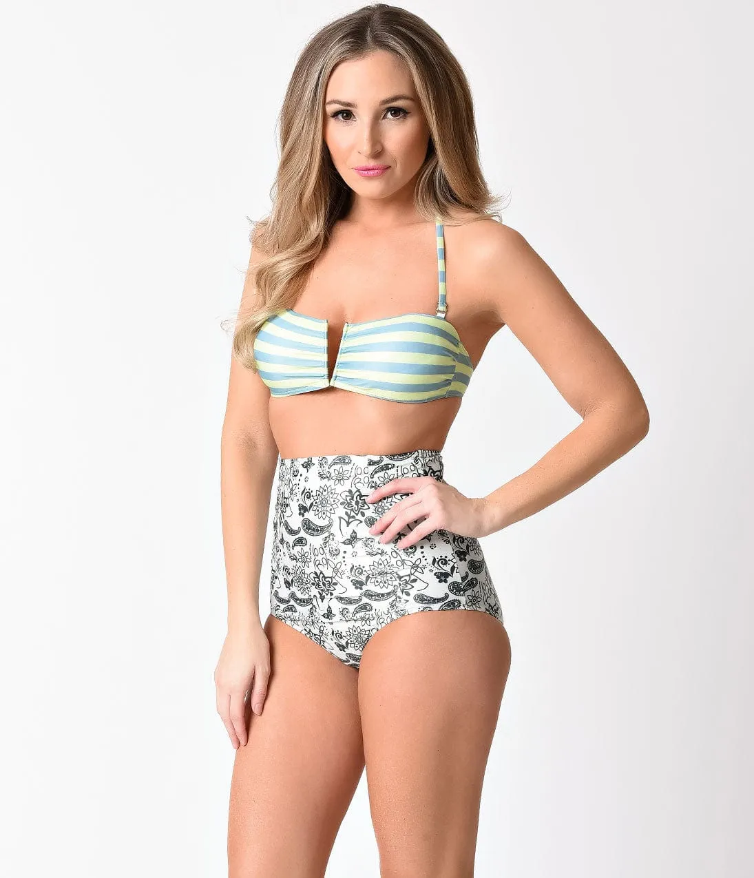 Retro Style Green Stripe & Patterned Halter High Waist Two Piece Swimsuit sold by Unique Vintage product image thumbnail 5