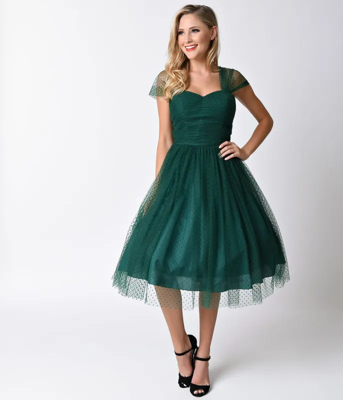 Unique Vintage Emerald Green Swiss Dot Garden State Mesh Dress sold by Unique Vintage