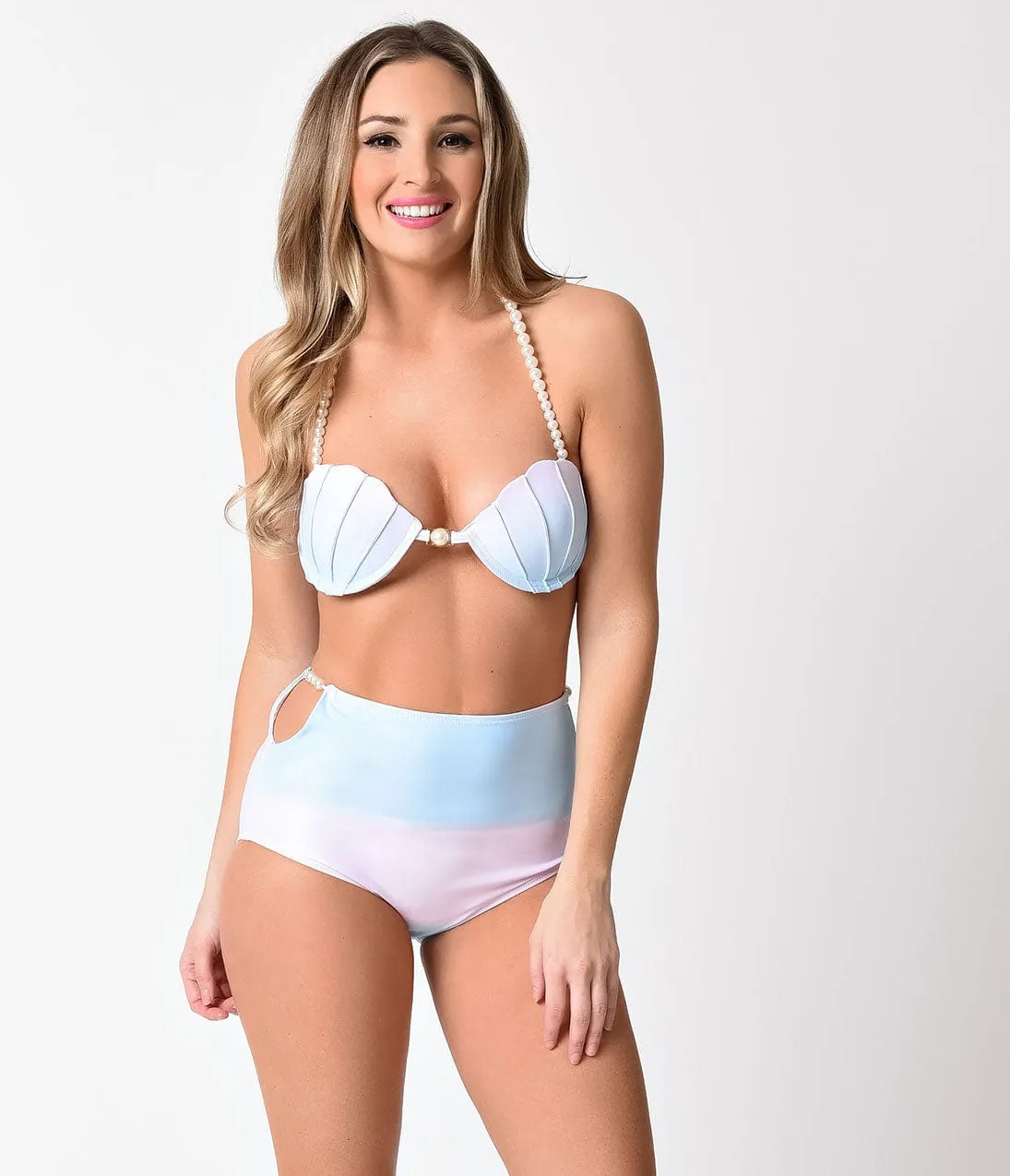 Aqua Blue & Light Pink Ombre Mermaid High Waist Two Piece Swimsuit sold by Unique Vintage