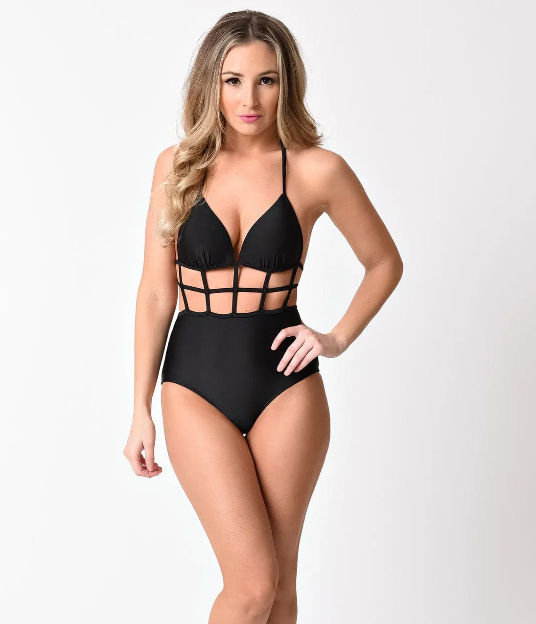 Black Sexy Halter Cutout One Piece Swimsuit sold by Unique Vintage