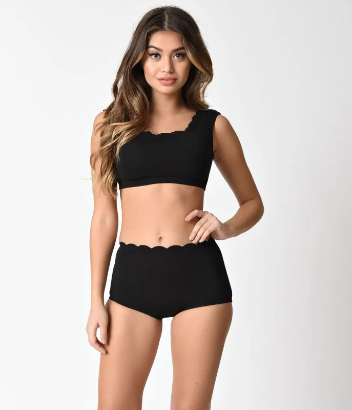 Black Scalloped Two Piece High Waist Swimsuit sold by Unique Vintage