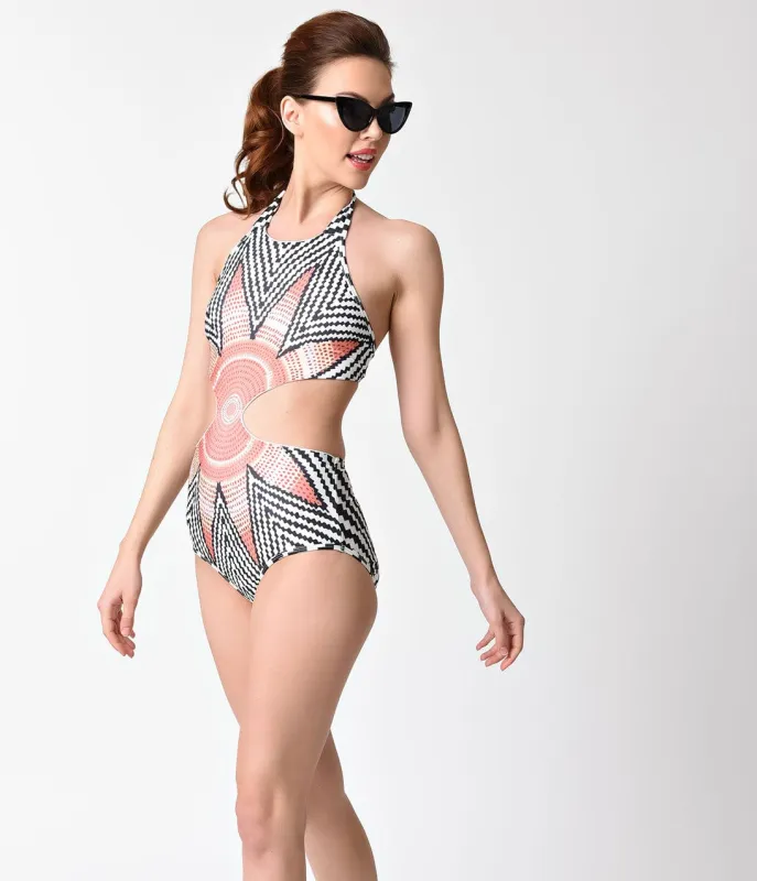 1970s Style Multicolor Psychedelic Pattern Cutout Monokini Swimsuit made by Unique Vintage