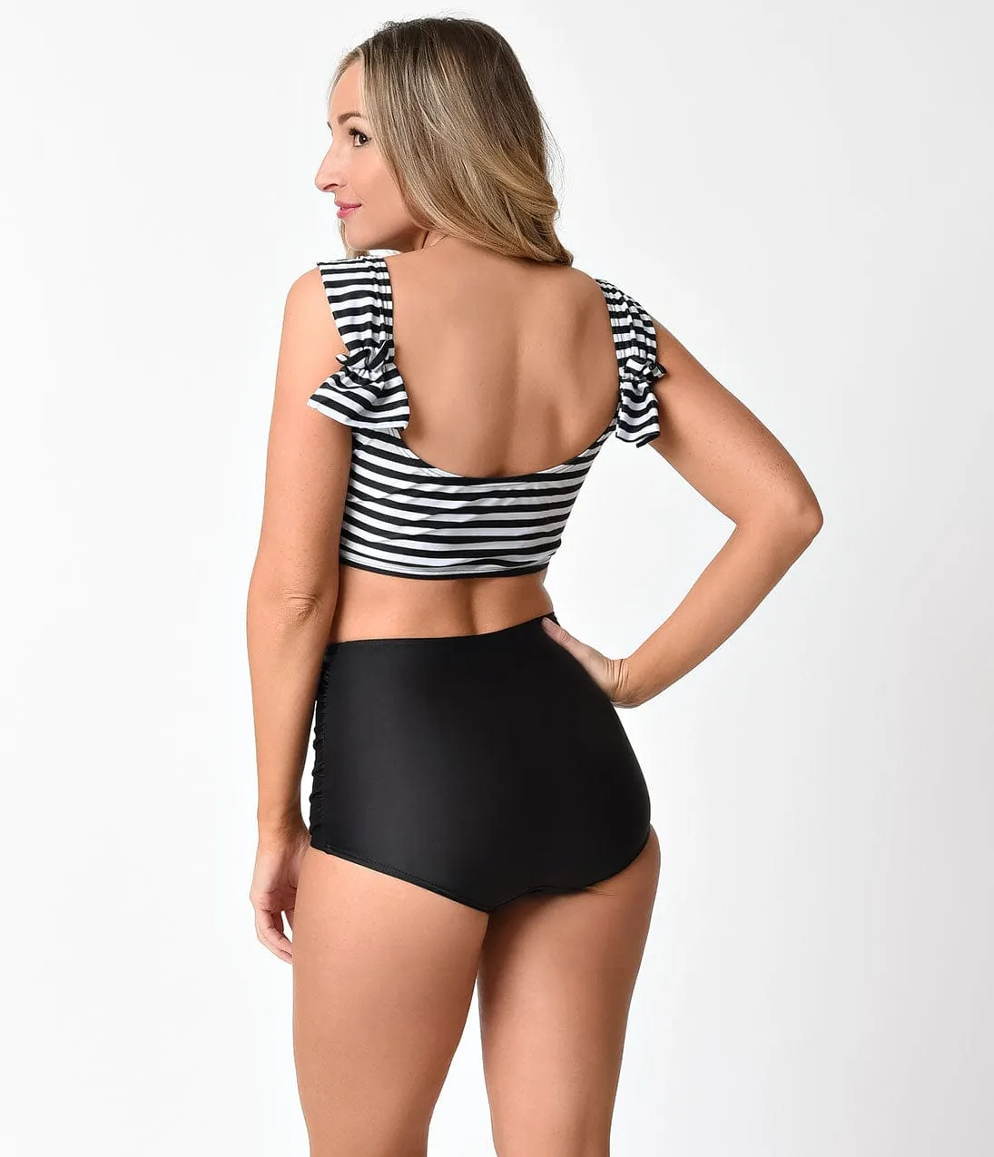 Black & White Stripe Crop Top High Waisted Two Piece Swimsuit sold by Unique Vintage product image thumbnail 3