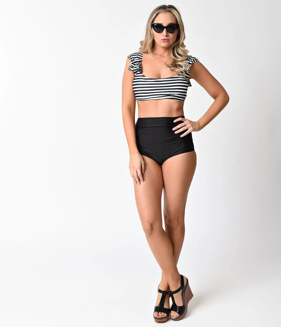 Black & White Stripe Crop Top High Waisted Two Piece Swimsuit sold by Unique Vintage product image thumbnail 5