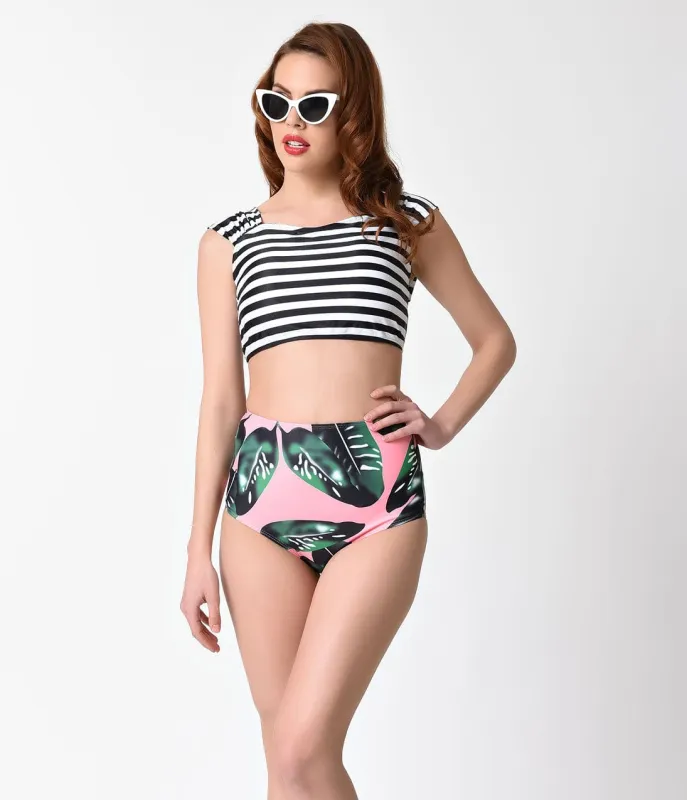Retro Style Black & White Stripe Leaf Print Two Piece Swim sold by Unique Vintage