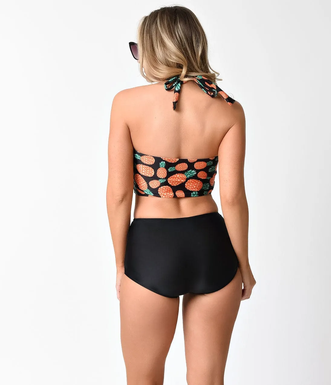 Retro Style Black & Orange Pineapple Tiki High Waist Swimsuit sold by Unique Vintage product image thumbnail 2