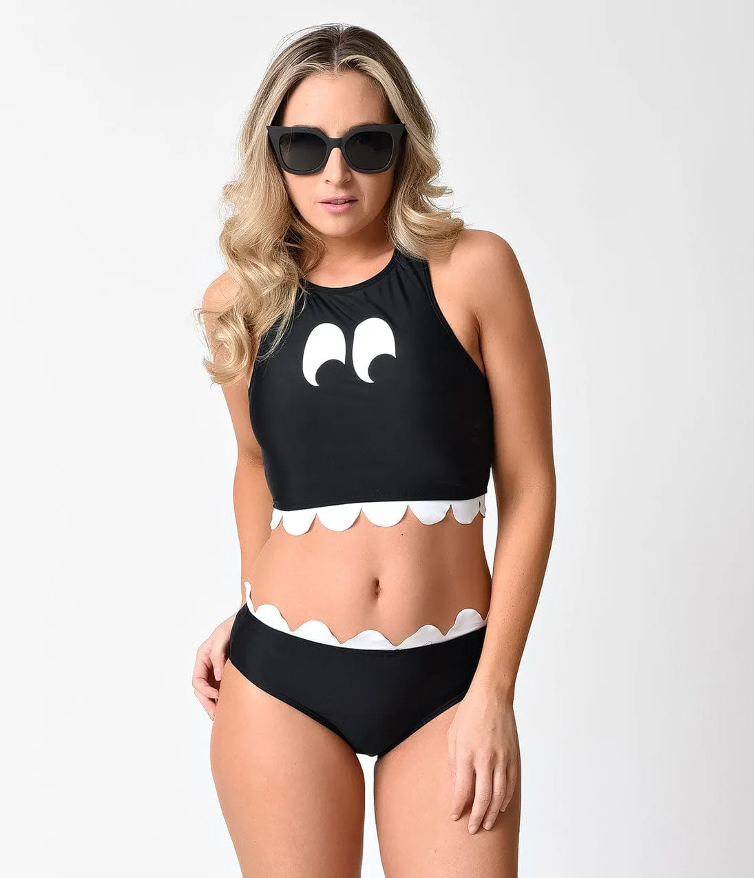 Black Racerback Halter Monster Two Piece Swimsuit sold by Unique Vintage