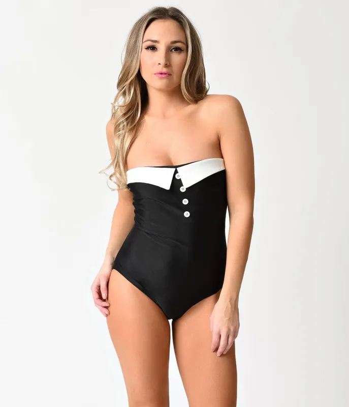 Vintage Style Black & White Strapless Button One Piece Swimsuit sold by Unique Vintage