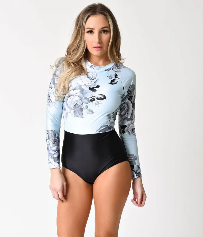 Vintage Style Black & Light Blue Floral Long Sleeve One Piece Swimsuit sold by Unique Vintage