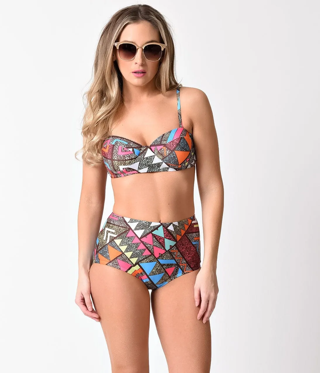 Retro 1980s Style Brown & Multicolor Print High Waist Swimsuit sold by Unique Vintage product image thumbnail 4