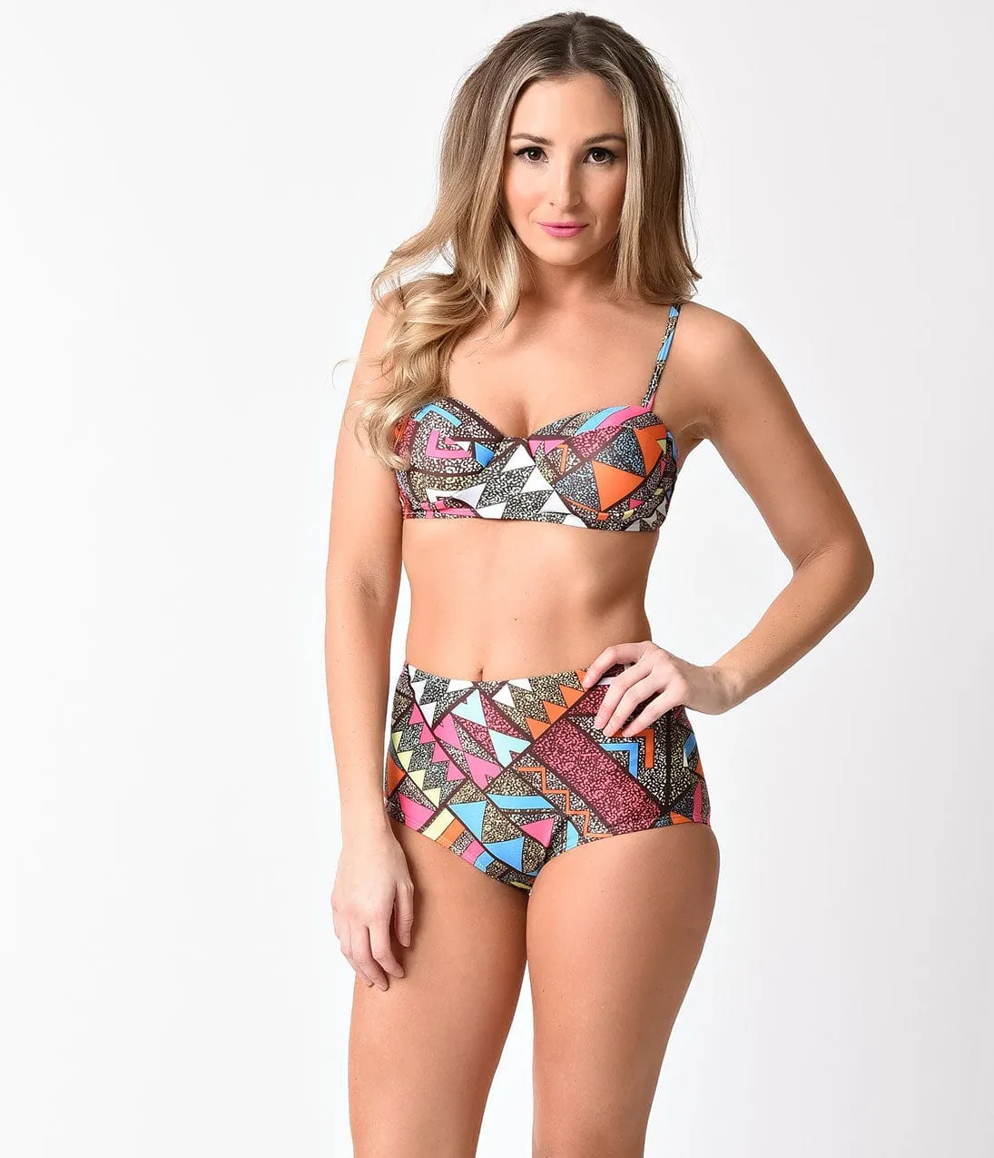 Retro 1980s Style Brown & Multicolor Print High Waist Swimsuit sold by Unique Vintage product image thumbnail 5