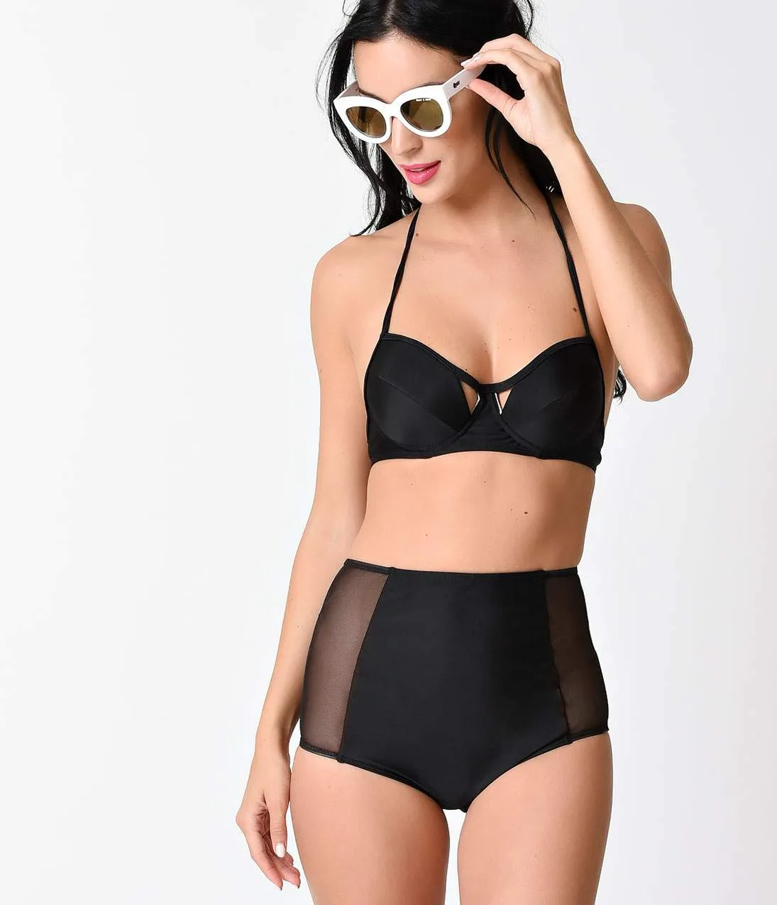 Retro Style Black Sheer Mesh Paneled High Waist Halter Bikini sold by Unique Vintage product image thumbnail 4