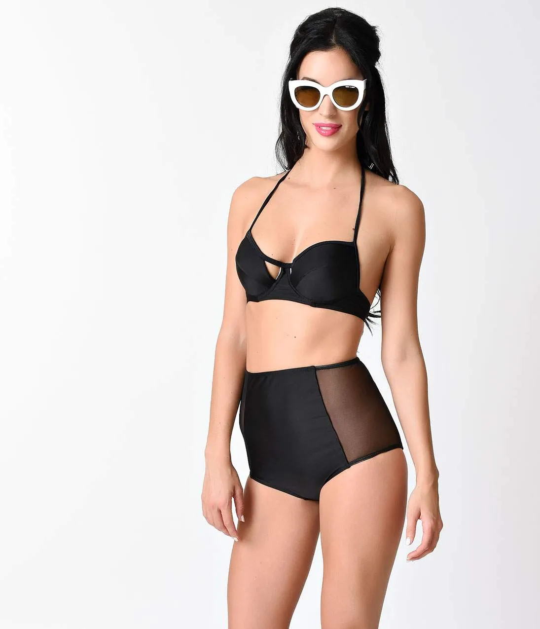 Retro Style Black Sheer Mesh Paneled High Waist Halter Bikini sold by Unique Vintage
