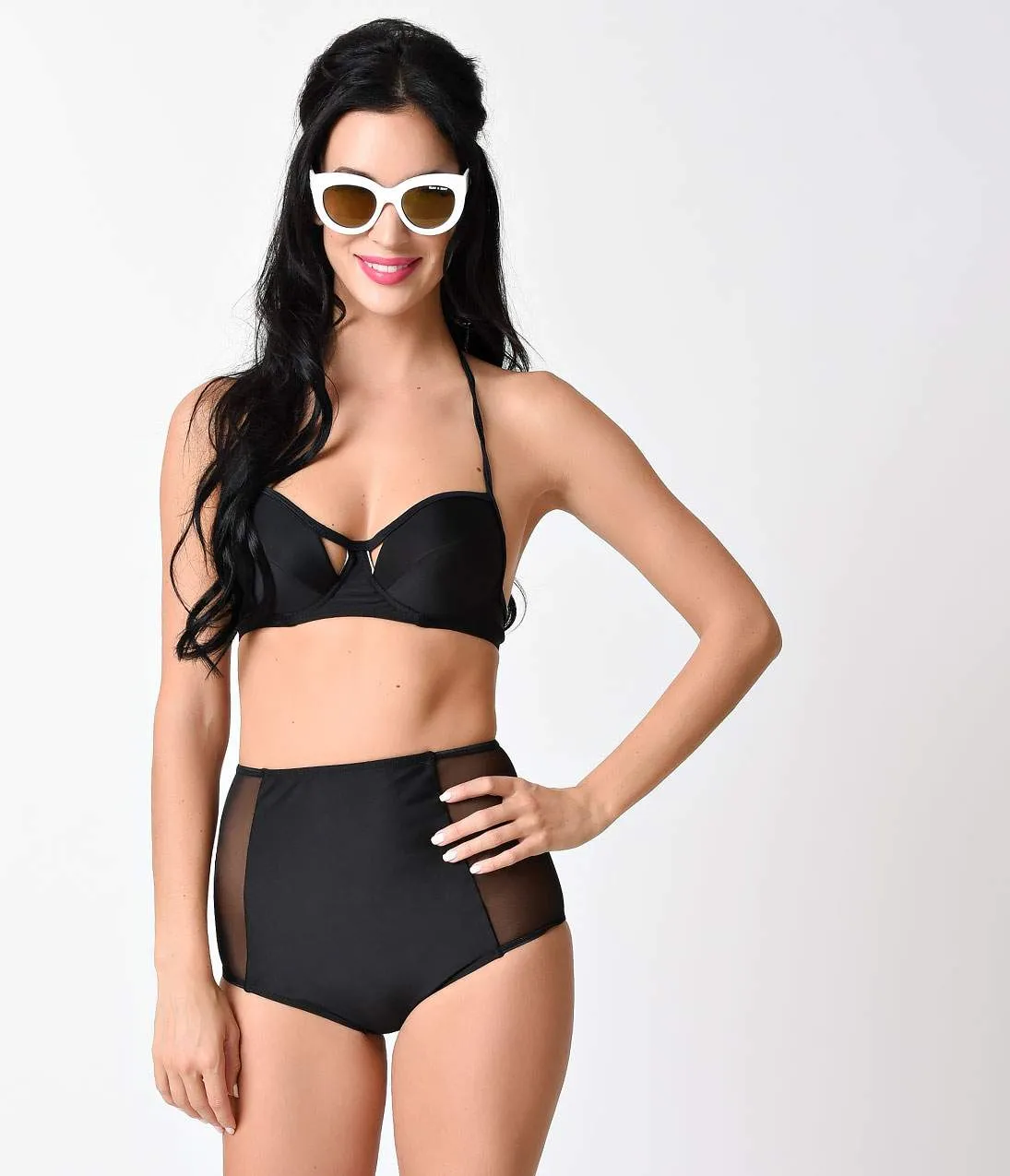 Retro Style Black Sheer Mesh Paneled High Waist Halter Bikini sold by Unique Vintage product image thumbnail 5