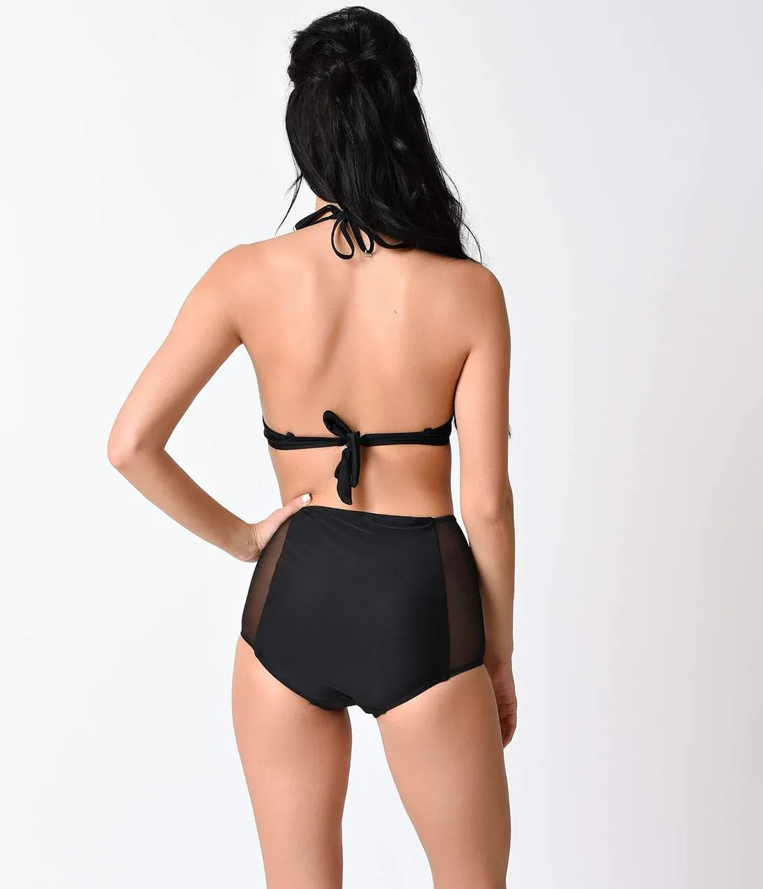 Retro Style Black Sheer Mesh Paneled High Waist Halter Bikini sold by Unique Vintage product image thumbnail 2