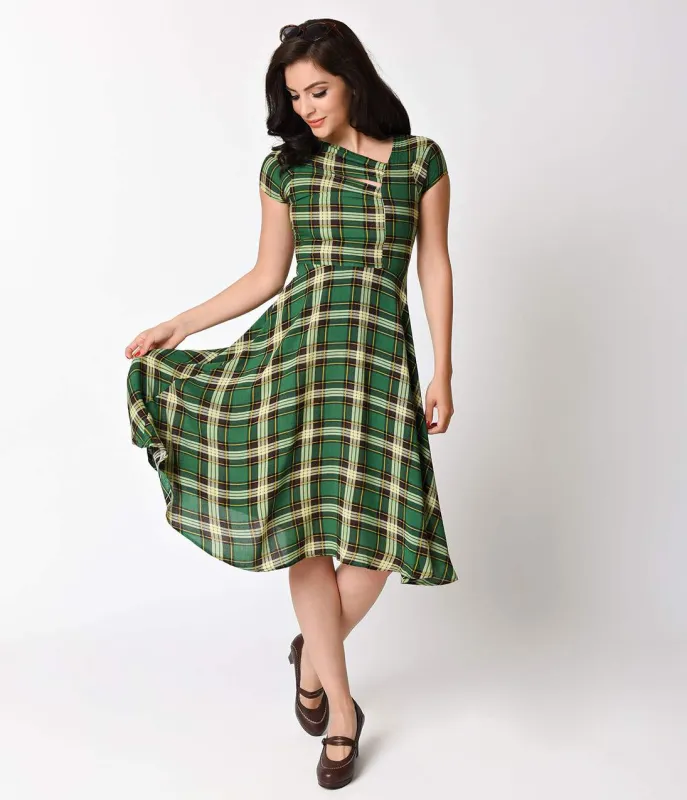 Unique Vintage Green Plaid Print Amelia Cap Sleeve Swing Dress made by Unique Vintage