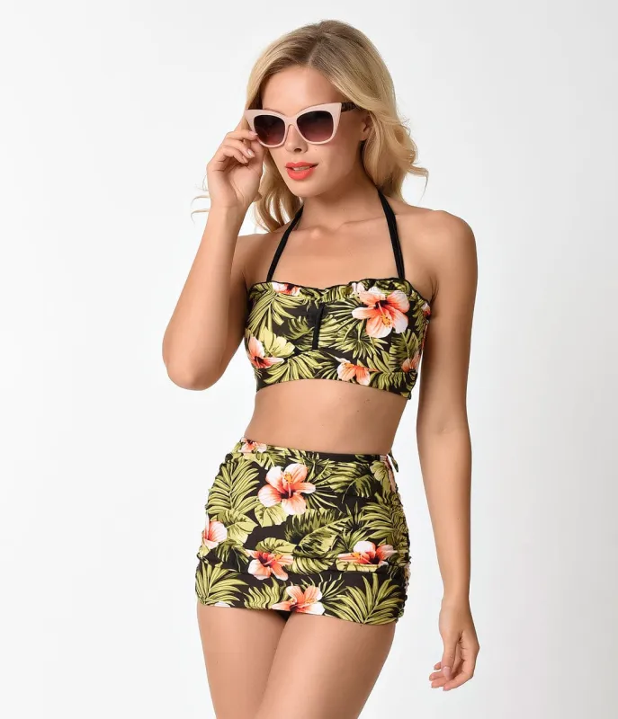 Pin Up Style Black & Floral Hawaiian Halter Swim Top made by Unique Vintage