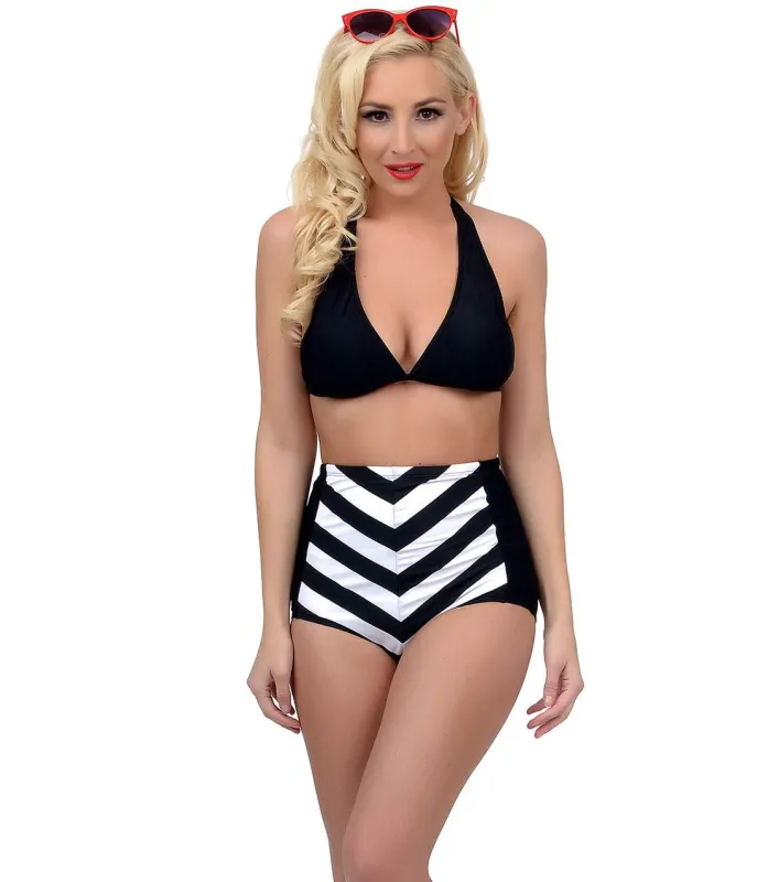 Pin Up Style Black & White Chevron Stripe High Waist Halter Swimsuit sold by Unique Vintage