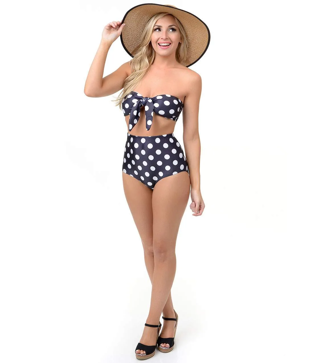Vintage Style Black & White Polka Dot High Waist Bandeau Bikini sold by Unique Vintage product image thumbnail 4