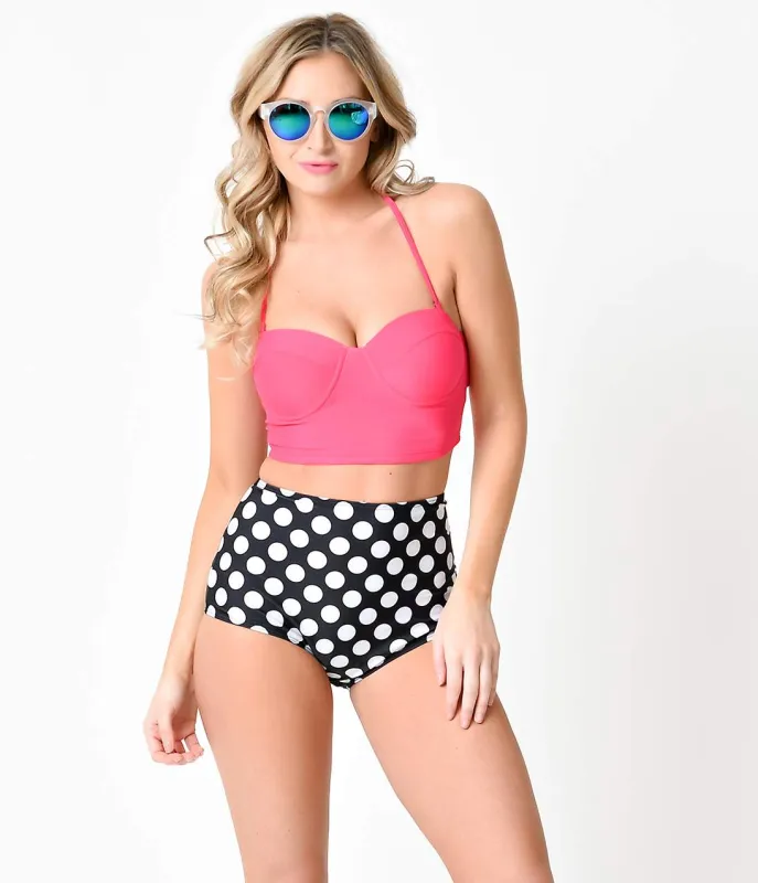 Vintage Pin Up Pink & Black Dot Color Block High Waist Bikini sold by Unique Vintage