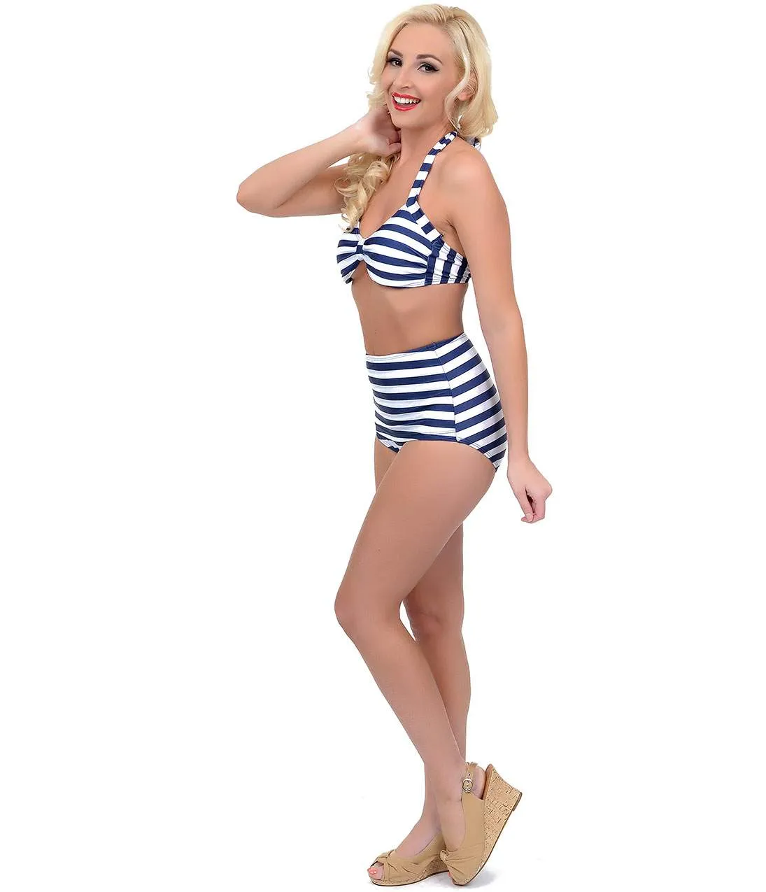 Vintage Style Pin Up Nautical Navy & White Striped Two Piece High Waisted Halter Swimsuit sold by Unique Vintage product image thumbnail 3