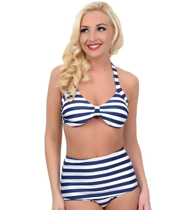 Vintage Style Pin Up Nautical Navy & White Striped Two Piece High Waisted Halter Swimsuit sold by Unique Vintage
