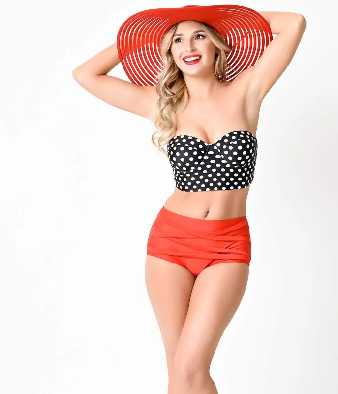 Vintage Style Pin Up Black Dotted & Red Two Piece High Waisted Swimsuit sold by Unique Vintage