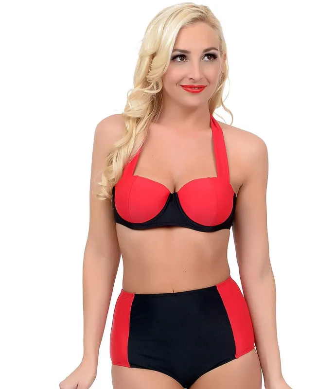 Vintage Style Pin Up Black & Red Two Tone Halter Two Piece Swimsuit sold by Unique Vintage