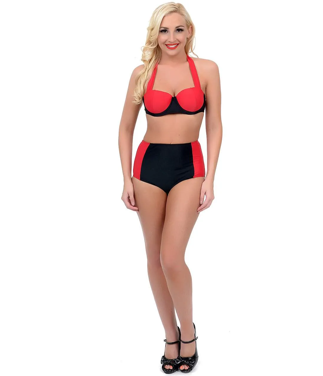 Vintage Style Pin Up Black & Red Two Tone Halter Two Piece Swimsuit sold by Unique Vintage product image thumbnail 2