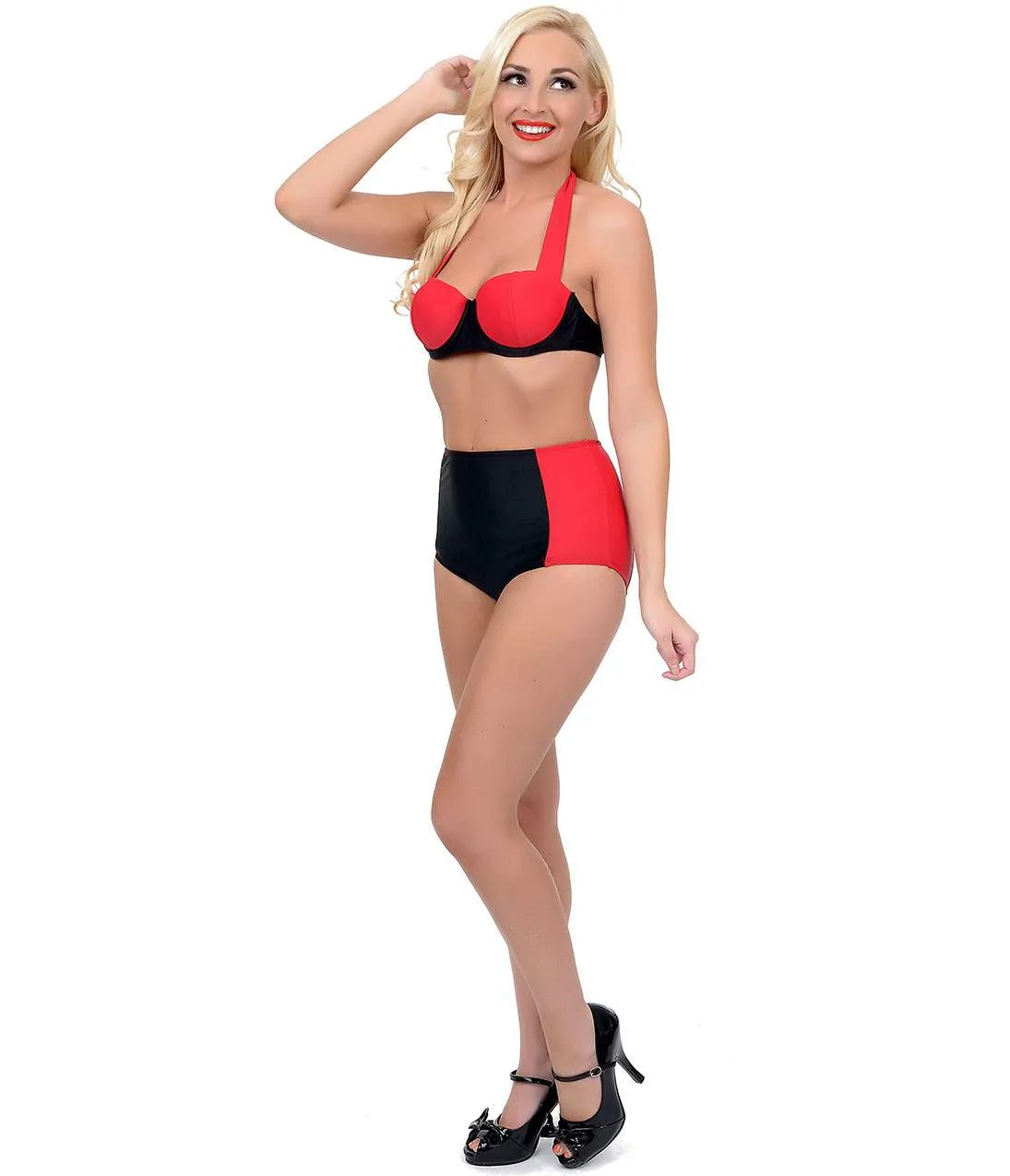 Vintage Style Pin Up Black & Red Two Tone Halter Two Piece Swimsuit sold by Unique Vintage product image thumbnail 3