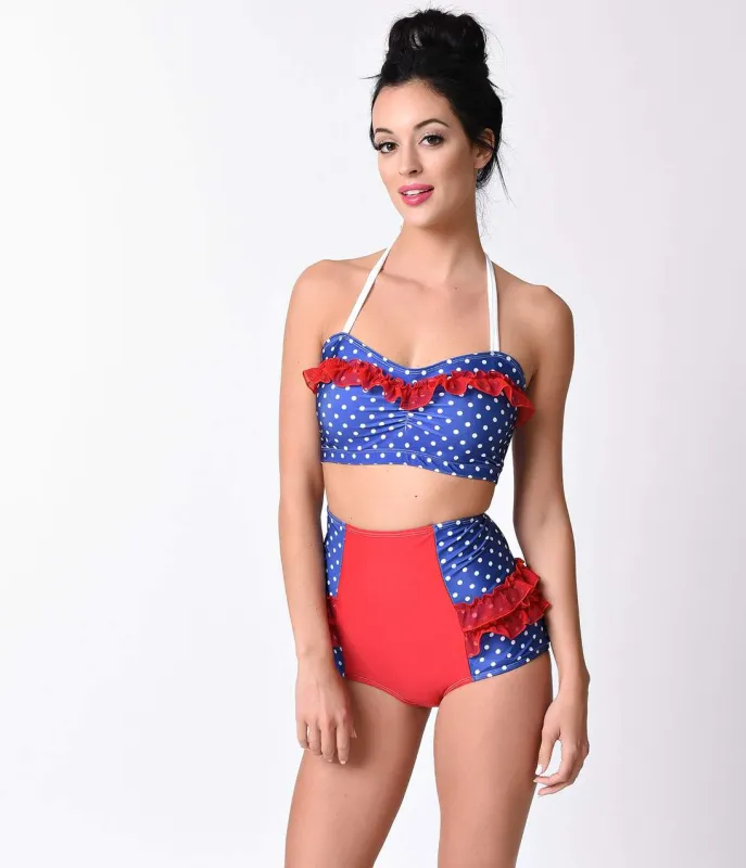 Vintage 1950s Pin Up Navy & White Dot Sailor Halter Swim Top sold by Unique Vintage