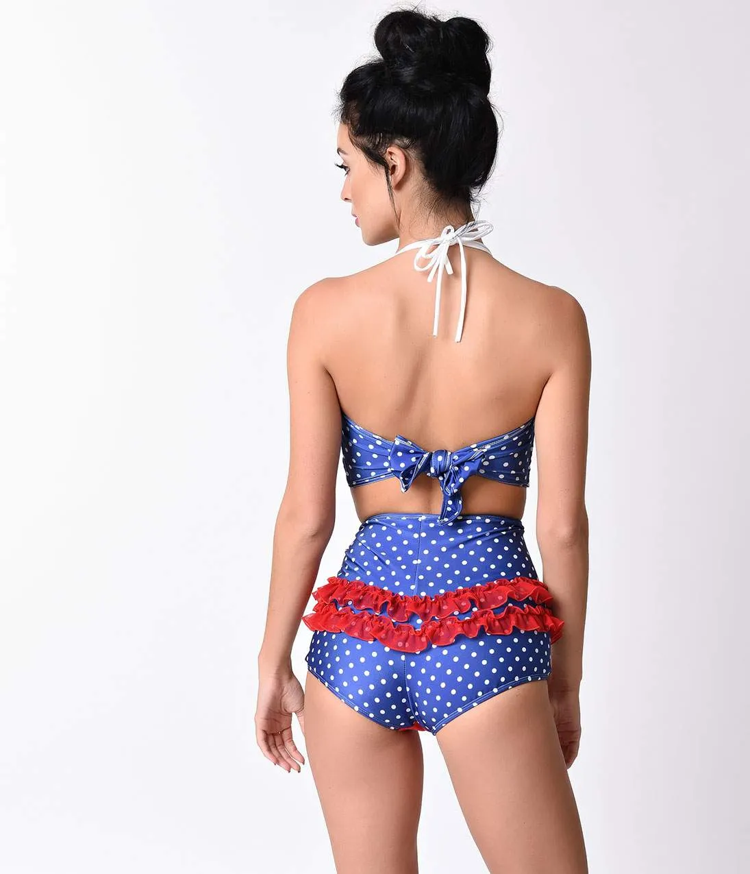 Vintage 1950s Pin Up Navy & White Dot Sailor Halter Swim Top sold by Unique Vintage product image thumbnail 2