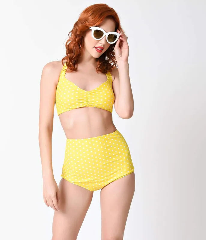 1950s Style Yellow & White Dot Two Piece High Waist Halter Bikini sold by Unique Vintage