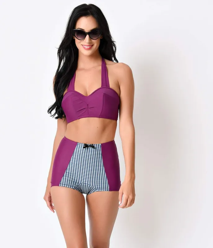 Sugar Doll Purple Gingham Rena High Waist Retro Swim Bottom made by Unique Vintage