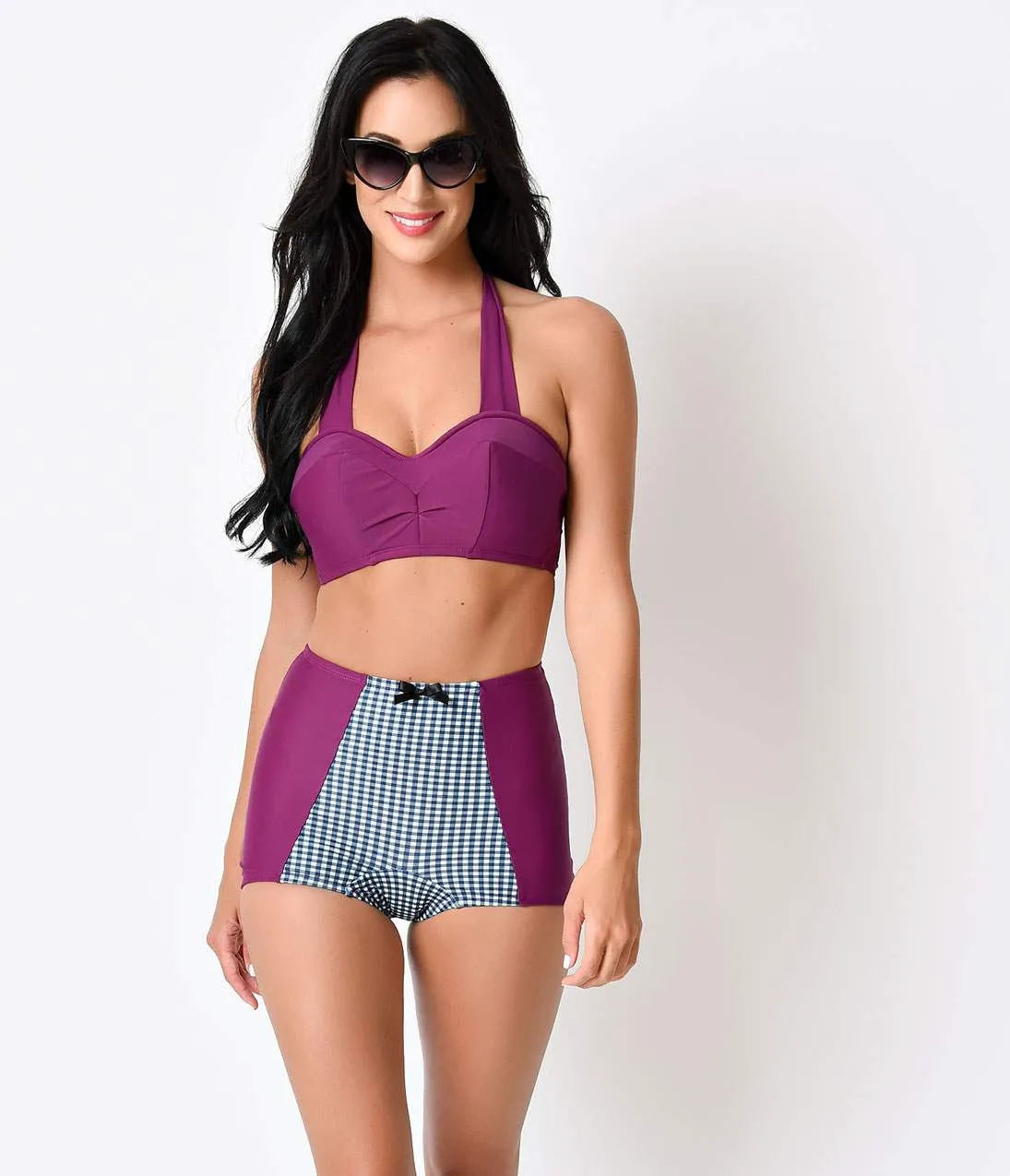 Sugar Doll Purple Gingham Rena High Waist Retro Swim Bottom sold by Unique Vintage