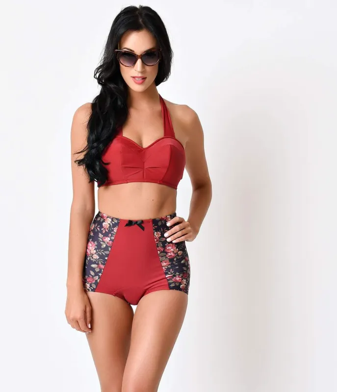 Sugar Doll Burgundy Floral Adeline High Waist Retro Swim Bottom sold by Unique Vintage