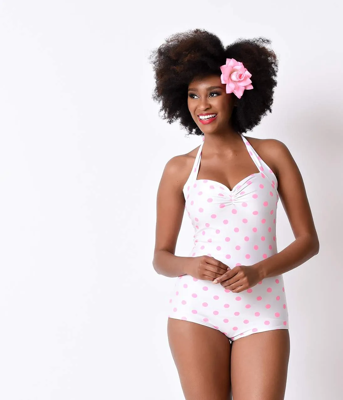 Vintage 1950s Style Pin-Up White & Pink Candy Dot Halter Swimsuit sold by Unique Vintage product image thumbnail 4