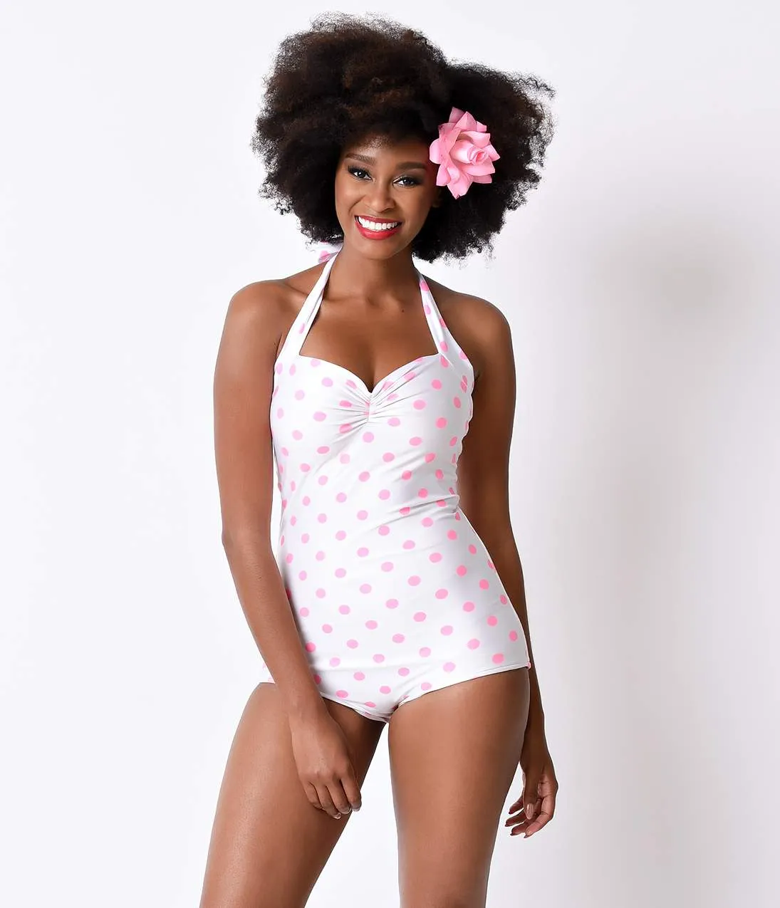 Vintage 1950s Style Pin-Up White & Pink Candy Dot Halter Swimsuit sold by Unique Vintage