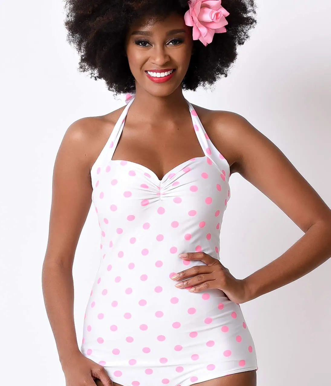 Vintage 1950s Style Pin-Up White & Pink Candy Dot Halter Swimsuit sold by Unique Vintage product image thumbnail 5